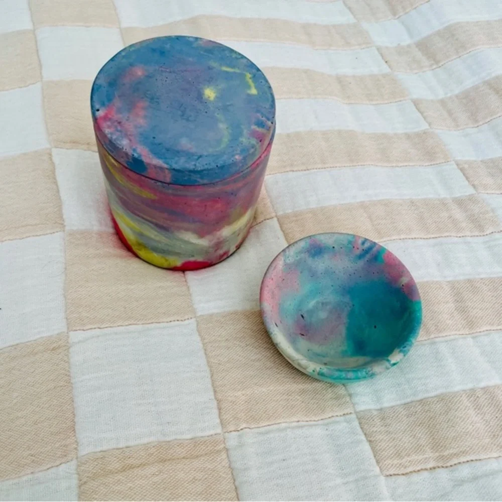 HANDMADE Marbled‎ Concrete Jewelry Jar & Small Bowl